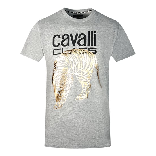 Cavalli Class Stor Grå T-shirt med Guld Tiger Schablonlogga - Image 1