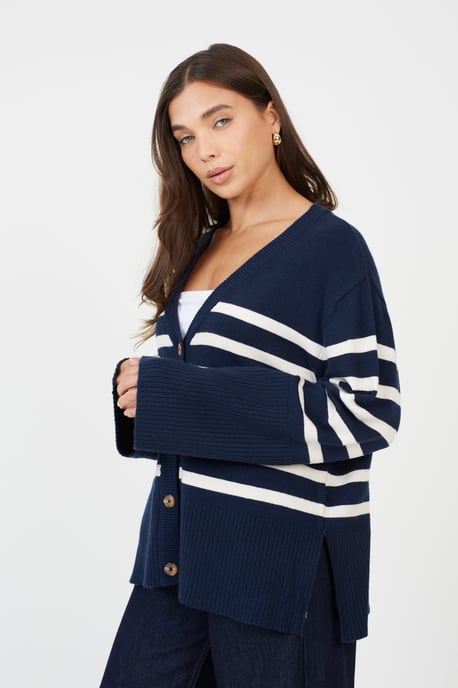 Navy Button Through V-Neck Stripe Cardigan