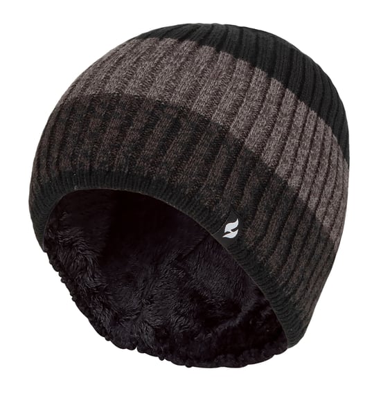 Mens Fleece Lined Striped Winter Beanie | Heat Holders | High Performance Soft Insulated Thermal Hat - Black - Image 1