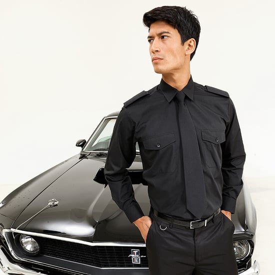 Premier Mens Long Sleeve Pilot Plain Work Shirt (Black)