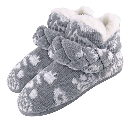 Dunlop - Dames Gebreide Warme Fleece Pluche Slippers Boots/Bootees in Grijs Fairisle en Roze Koord Stijlen - Image 2