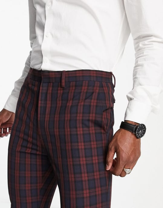 ASOS DESIGN wedding super skinny suit trousers in burgundy tartan-Red - Image 2