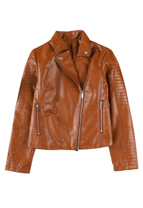 Women's Ribbed Seam Detail Faux Leather Motorcycle Jacket in Brown - Image 5