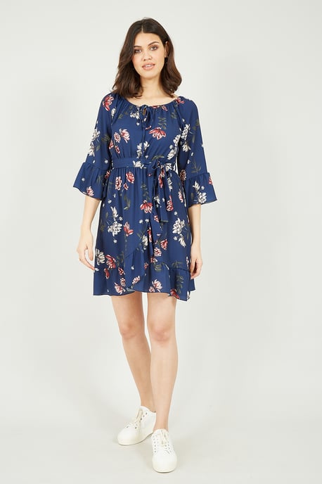 Mela Navy Floral Bardot Frill Skater Dress