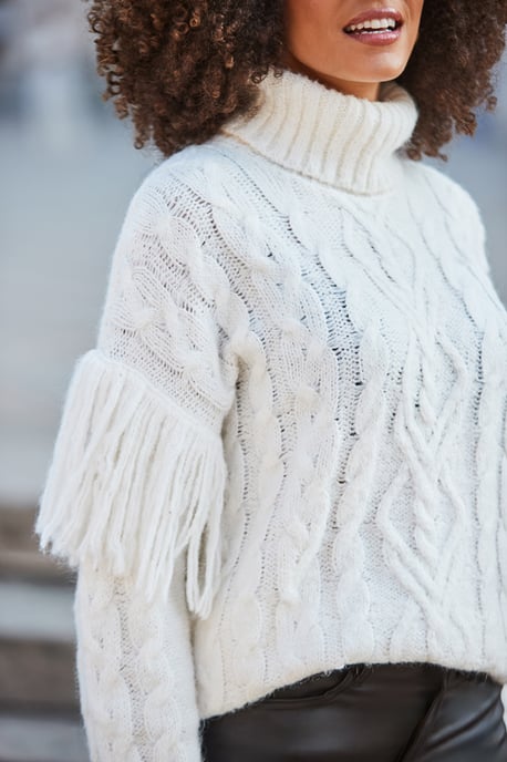 Cream Fringe Detail Roll Neck Cable Jumper