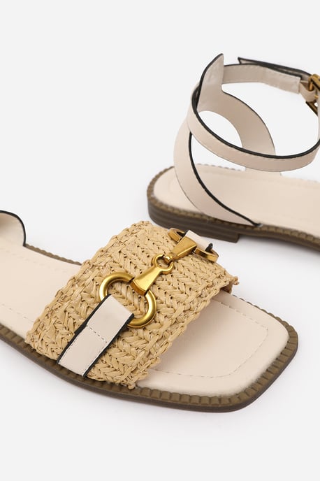 Wheres That From Womens 'Bonnie' Pu Straw Detail Strap Sandals With Buckle Closure