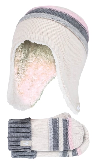 Heat Holders - Girls Winter Warm Pom Pom Bobble Beanie Hat and Mittens Set - Buttercream - Image 1