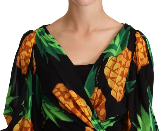 Dolce & Gabbana Kvinnors Svart Ananastryck Wrap Stretch Silke Klänning - Image 4