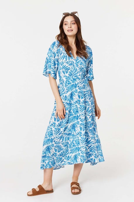 Blue Leaf Print 1/2 Sleeve Wrap Dress