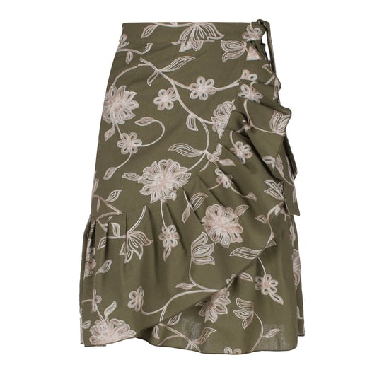 Olijf Geborduurde Bloemen Wikkel Ruffle Rok - Image 1