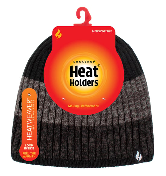 Mens Fleece Lined Striped Winter Beanie | Heat Holders | High Performance Soft Insulated Thermal Hat - Black - Image 2
