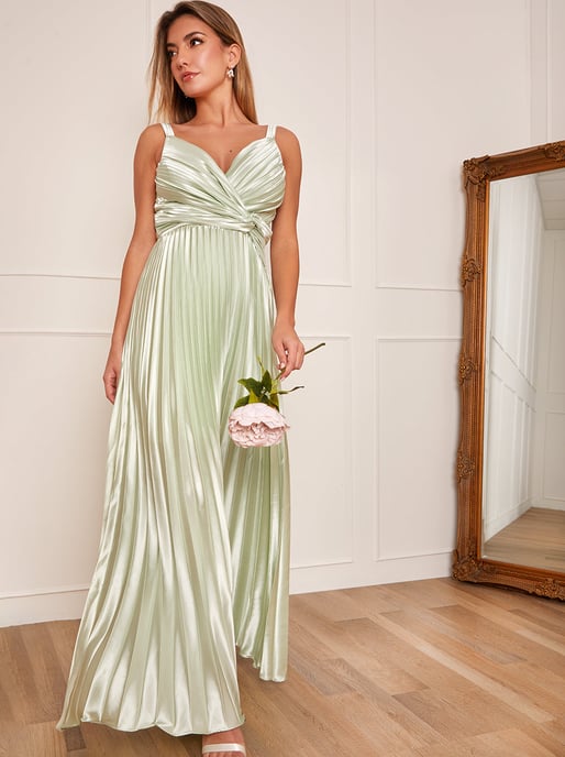 Satin Pleated Wrap Maxi Dress in Mint