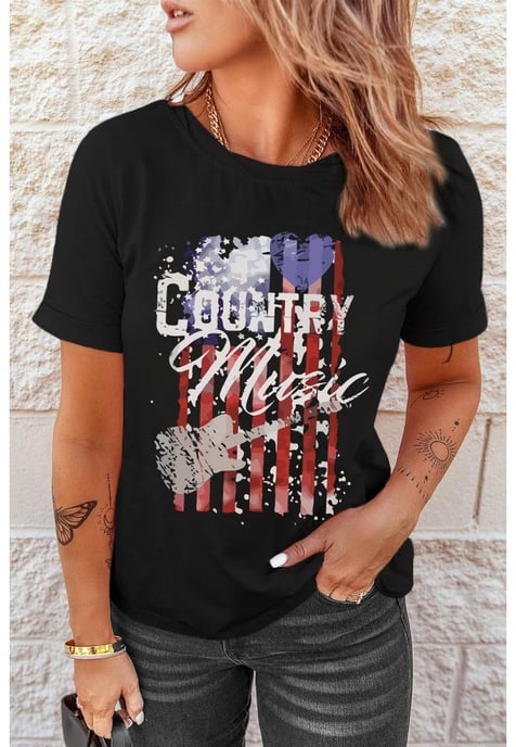 Women's American Flag Print Short Sleeve T-Shirt in Black - Image 2