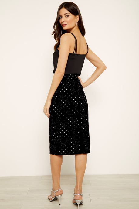Black Velvet Diamante Split Detail Skirt
