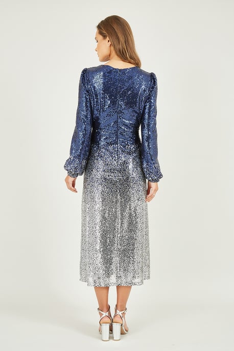 Navy and Silver Sequin Ombre Long Sleeve Midi Dress