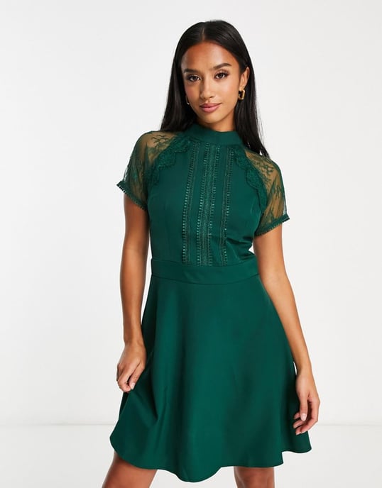 Liquorish Petite a line lace detail mini dress in emerald-Green