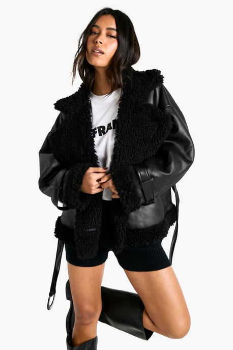 Luxe Teddy Trim Belted Aviator Jacket