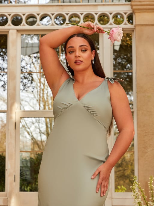 Plus Size V Neck Tie Shoulder Midi Dress in Sage