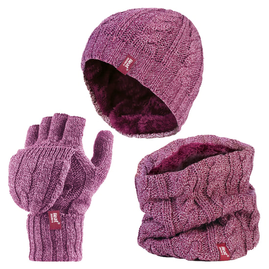 Heat Holders - Womens Thermal Winter Fleece Hat, Neck Warmer and Converter Gloves set - Rose - Image 1
