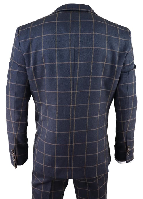 Mens Navy Blue Check 3 Piece Tweed Suit Peaky Blinders 1920s Gatsby Tailored Fit - Image 6