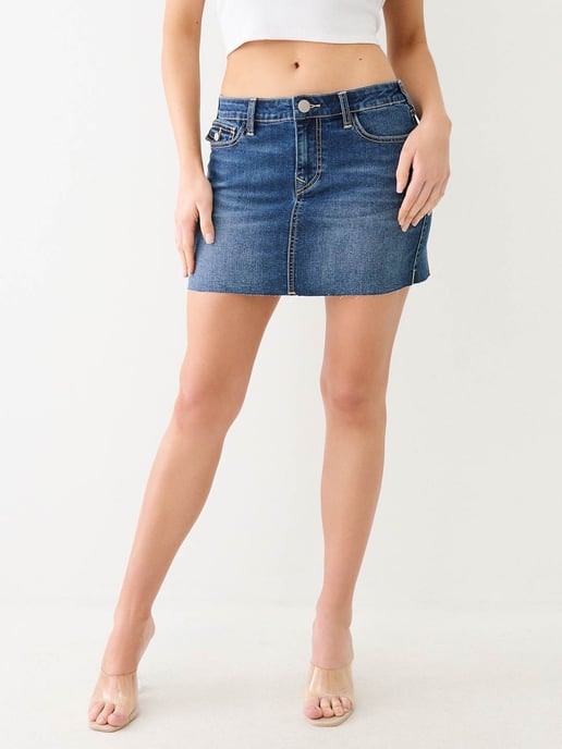 Sadie Single Needle Flap Mini Skirt in Dark Humid Wash
