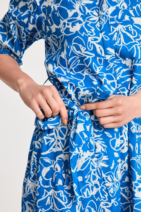 Blue Floral Print Short Sleeve Midi Shirt Dress - Image 5