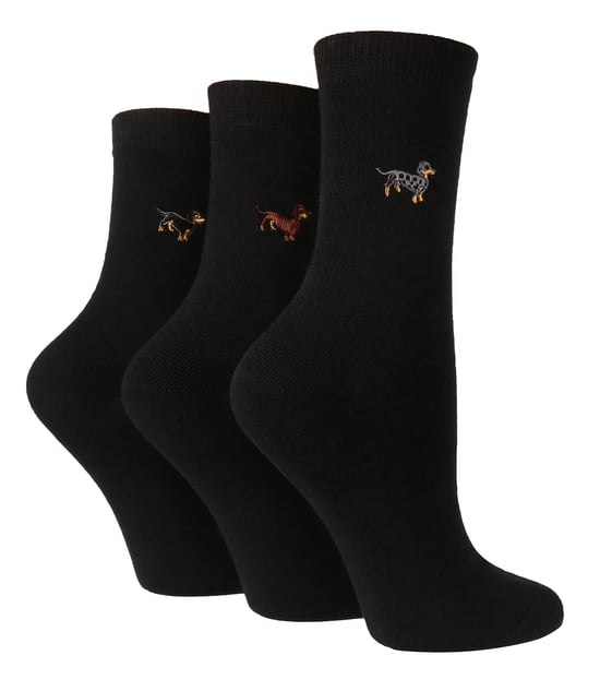Wild Feet - 3 Pack Ladies Embroidered Animal Design Cotton Rich Socks - Image 1