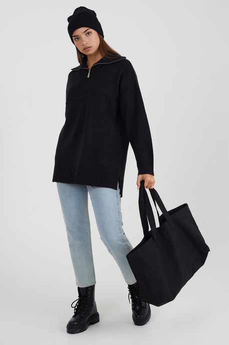 Black Oversized Zip Collar Knitted Jumper