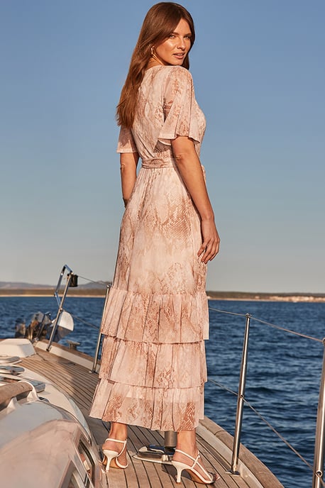 Snake Print Tiered Hem Wrap Jersey Midi Dress