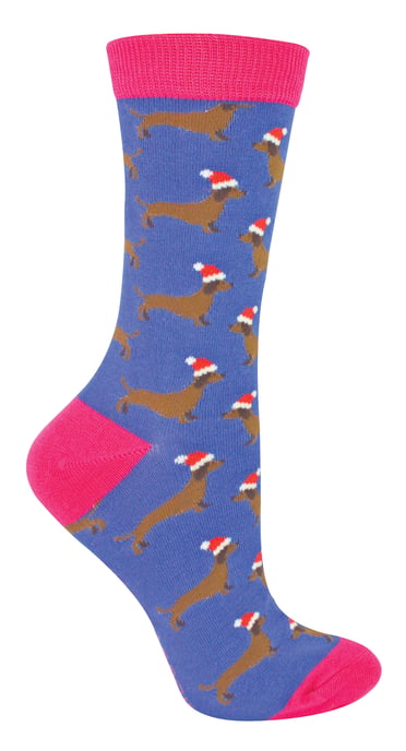 Miss Sparrow - Ladies Christmas Socks | Sausage Dog Socks - Santa Dog (Denim) - Image 1