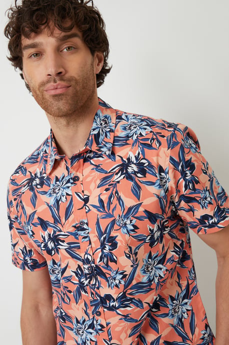 Peach 'Latham' Cotton Floral Print Short Sleeve Shirt