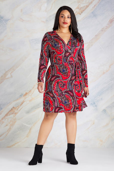Red Plus Size Paisley Print Wrap Dress