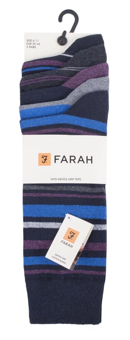 Farah - 5 Pack Mens Thin Breathable Classic Striped Patterned Soft Top Cotton Dress Socks - FCS271NVYPUR (Striped) - Image 2