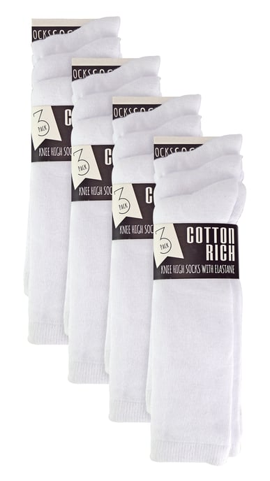 12 Pair Multipack Girls Knee High Socks | Breathable Long Cotton School Socks | Color Option - Grey, Black, White, Blue - White - Image 2