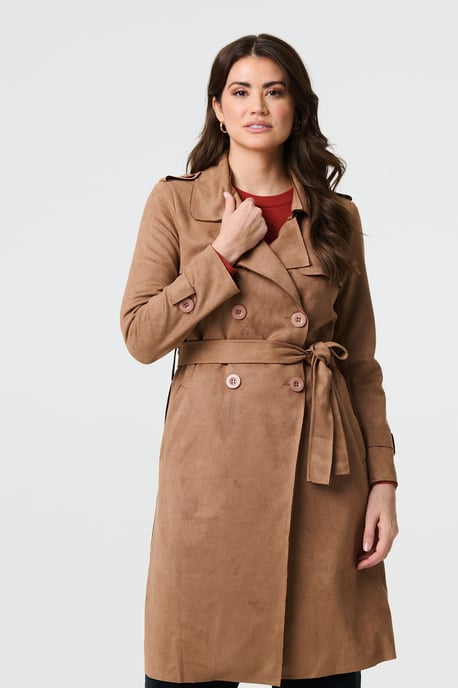 Brown Suede Tie Waist Button Front Trench Coat