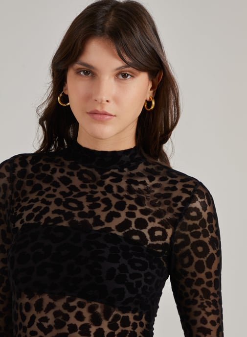 Animal Print Flocked Long Sleeve Bodysuit
