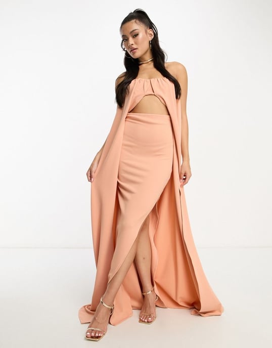 ASOS DESIGN premium bardot cape detail maxi dress in camel-Brown