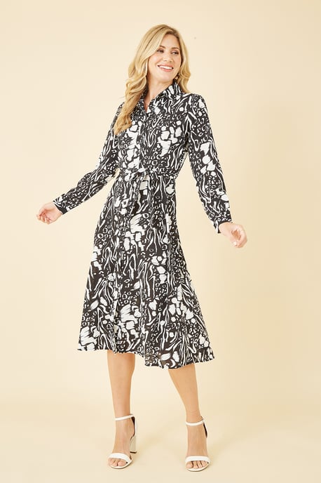 Mela Black Animal Print Long Sleeve Midi Shirt Dress