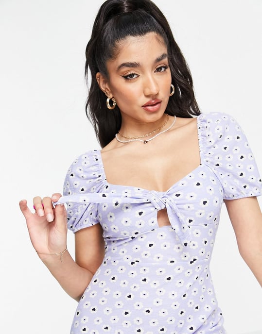 Miss Selfridge bunny tie fit and flare mini dress in lilac heart print-Purple