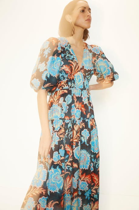 Detailed Pintuck Puff Sleeve Cotton Poplin Midi Dress