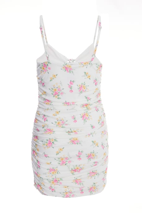 White Ditsy Floral Ruched Mini Dress