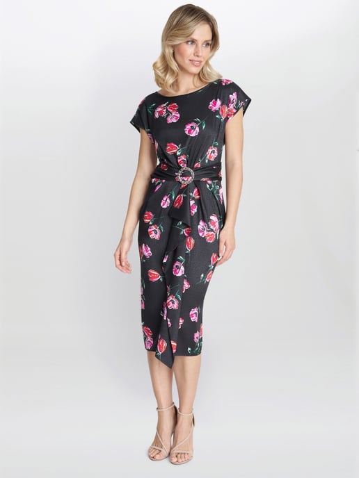 Saffron Floral Print Satin Dress With Buckle