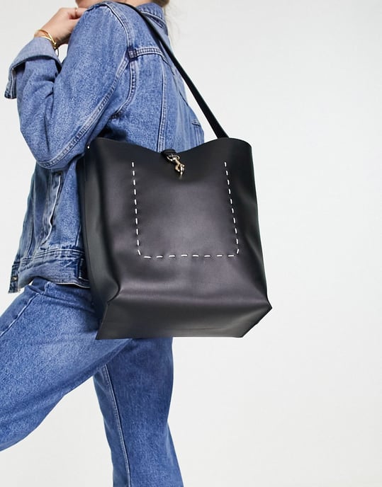 Topshop dogclip fastening PU slouch shoulder-Black