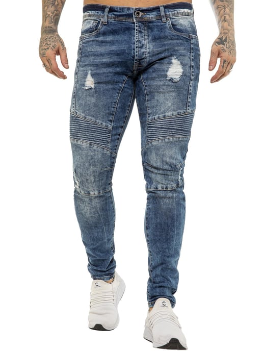 Enzo | Mens Skinny Stretch Biker Denim Jeans - Blue - Image 2