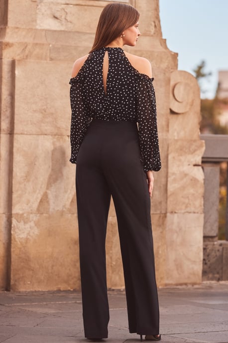 Black Spot Print Corsage Detail Cold Shoulder Two Part Jumpsuit