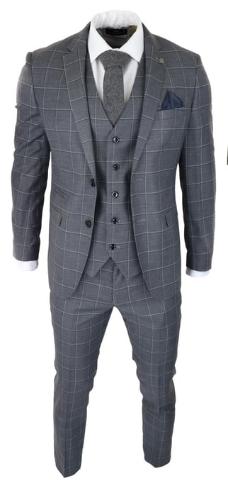 Mens Grey Suit 3 Piece Check Vintage Retro Smart Wedding Classic Tailored Fit - Image 2