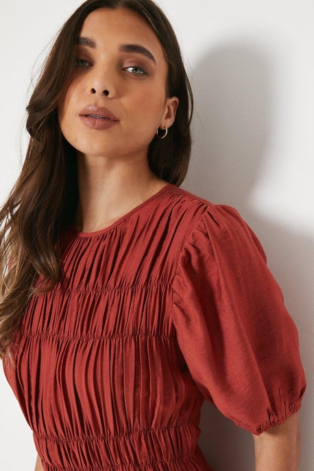 Petite Shirred Bodice Puff Sleeve Midi Dress