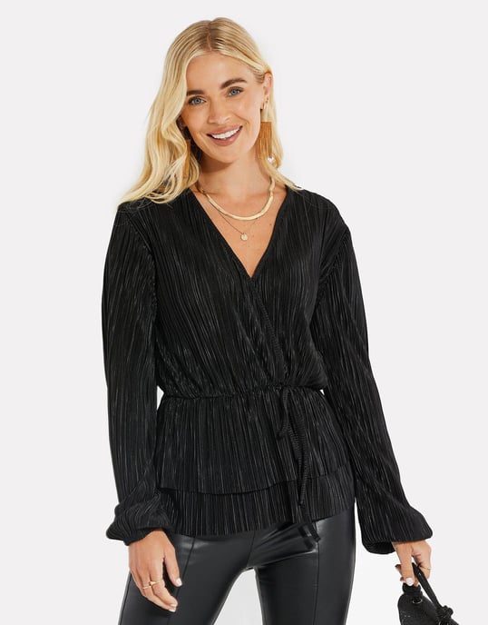 Black Plisse Wrap Blouse