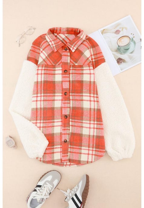 Women's Sherpa Sleeve Plaid Print Shacket in Red - Image 3