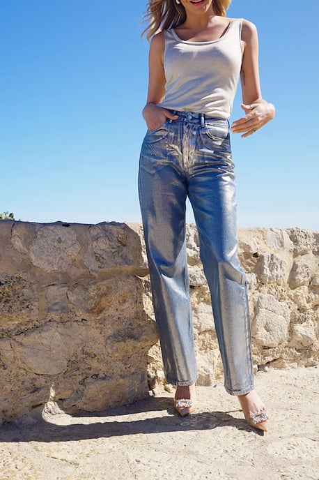 Silver Metallic Straight Leg Jeans